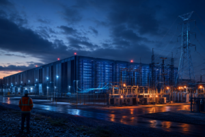 A brightly illuminated AI data centre connected to electrical transmission towers at night.