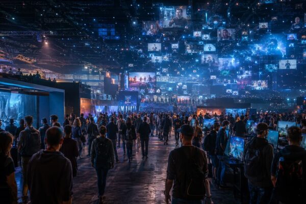 A crowded gaming convention hall blending into a vast collection of online video streams.