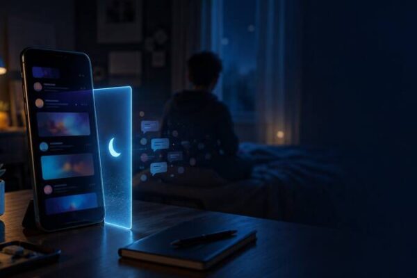 A glowing smartphone feed is interrupted by a nighttime safety barrier in a teenager’s dark bedroom.