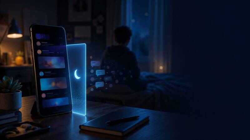 A glowing smartphone feed is interrupted by a nighttime safety barrier in a teenager’s dark bedroom.