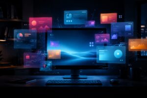 A desktop monitor surrounded by glowing advertising panels in a dark home office.