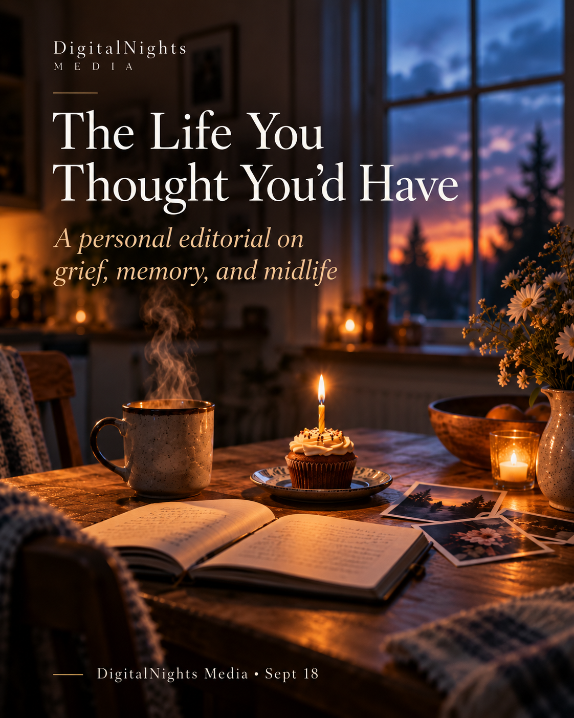 A birthday candle, steaming mug, journal and photographs on a table at dusk, with the title The Life You Thought You’d Have.