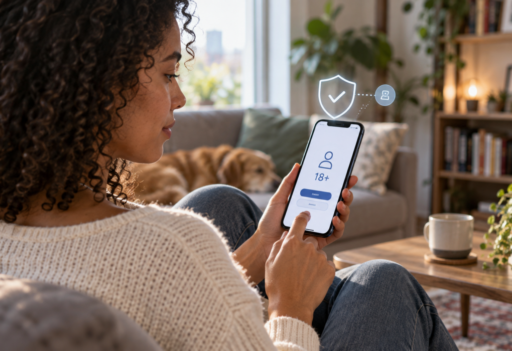 A woman checks an age-verification screen on her phone with a privacy shield symbol