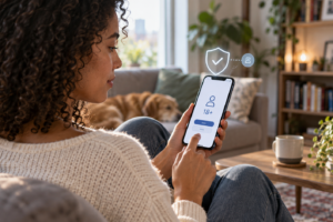 A woman checks an age-verification screen on her phone with a privacy shield symbol