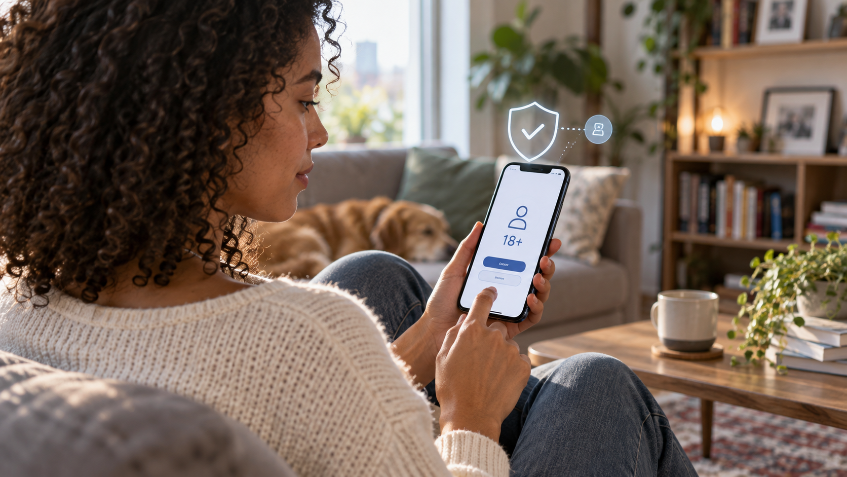 A woman checks an age-verification screen on her phone with a privacy shield symbol