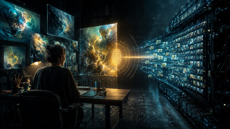 A digital artist watches copies of original artwork flow toward a dark data system while one image emits a golden detection signal.