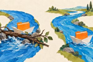 Two paper boats carry orange folders on separate streams; a fallen branch blocks one route while the other stays clear.