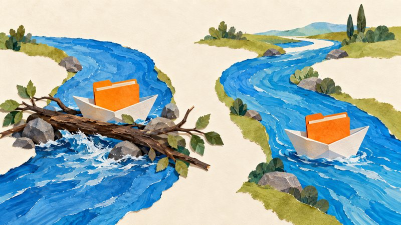 Two paper boats carry orange folders on separate streams; a fallen branch blocks one route while the other stays clear.