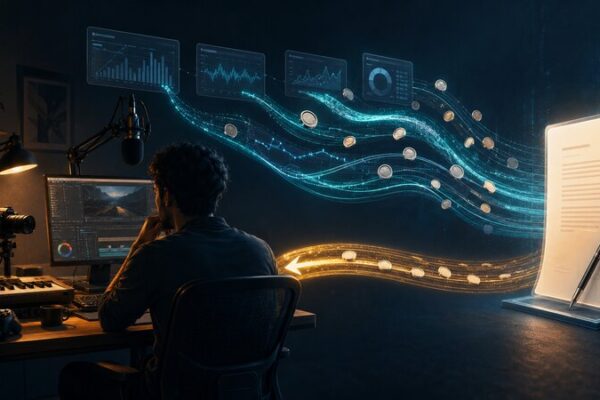 A creator sits in a multimedia studio as future revenue streams flow toward a contract and upfront funding flows back.