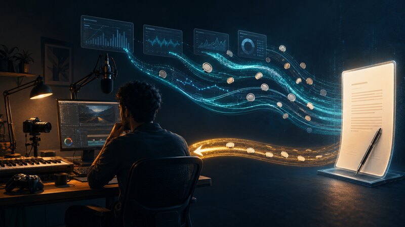 A creator sits in a multimedia studio as future revenue streams flow toward a contract and upfront funding flows back.