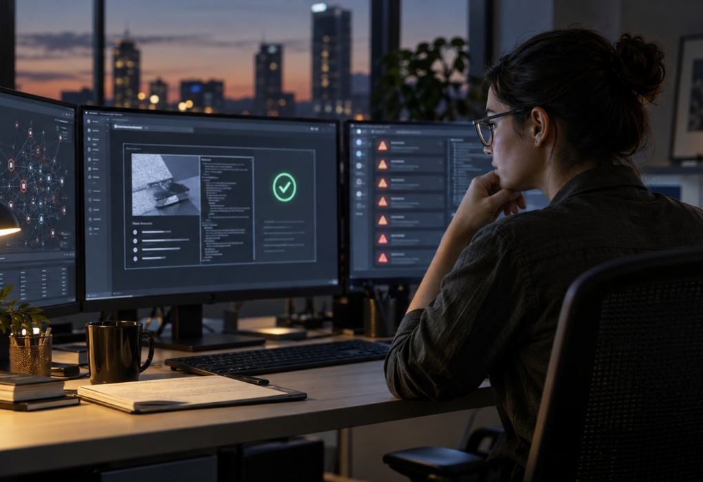 A cybersecurity analyst verifies an AI-generated vulnerability report at a bank of monitors.
