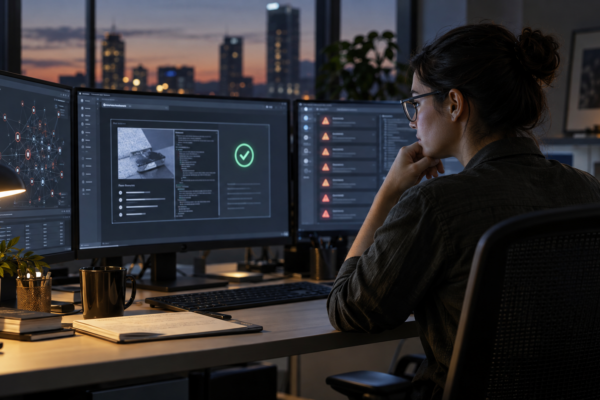 A cybersecurity analyst verifies an AI-generated vulnerability report at a bank of monitors.