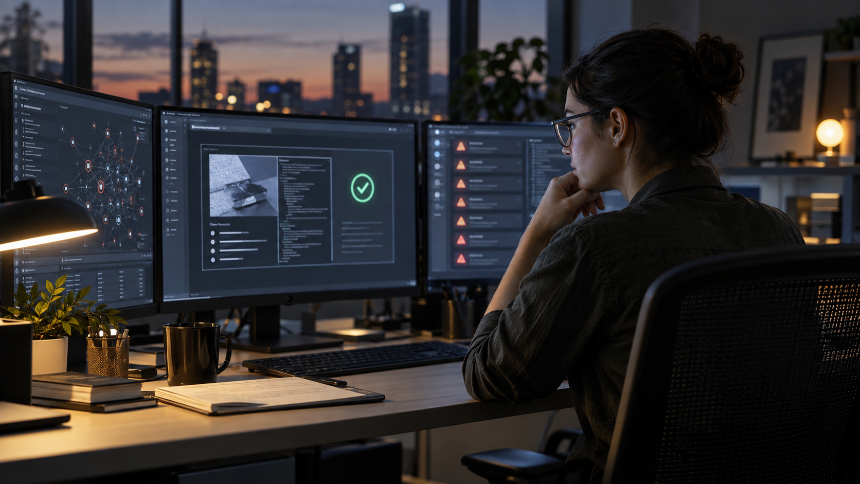 A cybersecurity analyst verifies an AI-generated vulnerability report at a bank of monitors.