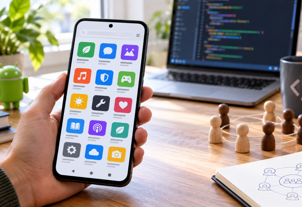 An Android phone displaying an independent app store beside open-source developer tools