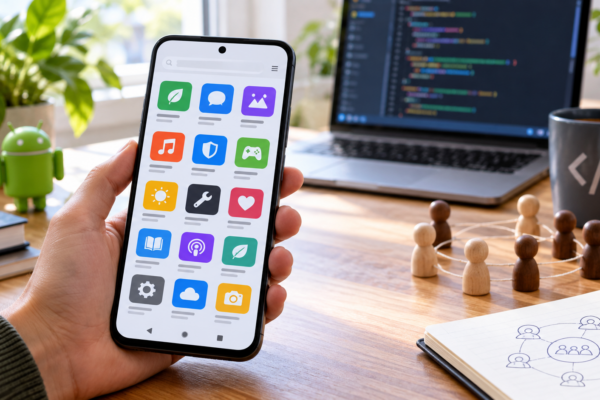 An Android phone displaying an independent app store beside open-source developer tools