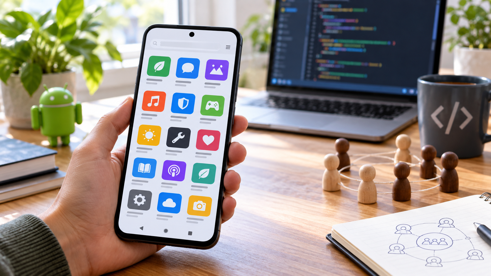An Android phone displaying an independent app store beside open-source developer tools