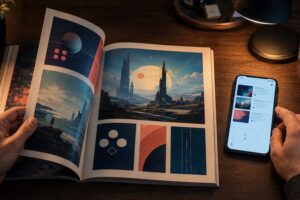 A reader turns the page of a premium gaming magazine beside a smartphone displaying a generic editorial feed and calendar.