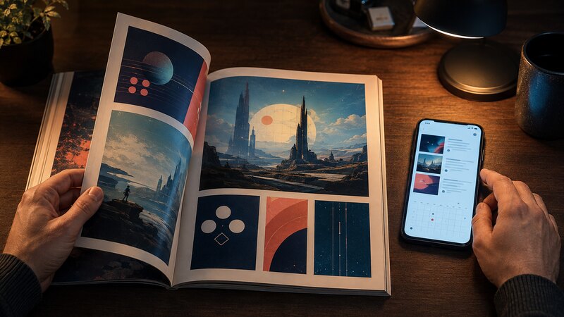 A reader turns the page of a premium gaming magazine beside a smartphone displaying a generic editorial feed and calendar.