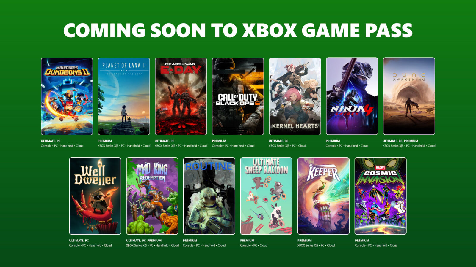 Official Xbox Game Pass September 2026 lineup showing game covers and subscription tiers on a green background.