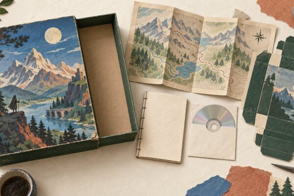 Paper-cut illustration of an open PC game box, folded map, manual, disc and printable box template on a cream tabletop.