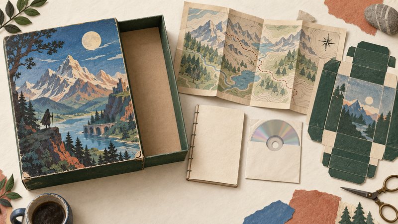Paper-cut illustration of an open PC game box, folded map, manual, disc and printable box template on a cream tabletop.