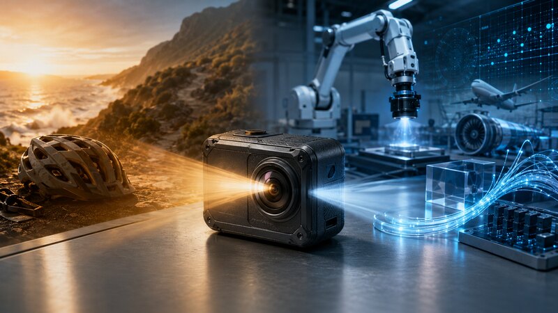 An unbranded action camera sits between an outdoor adventure scene and a laboratory with robotics and optical technology.