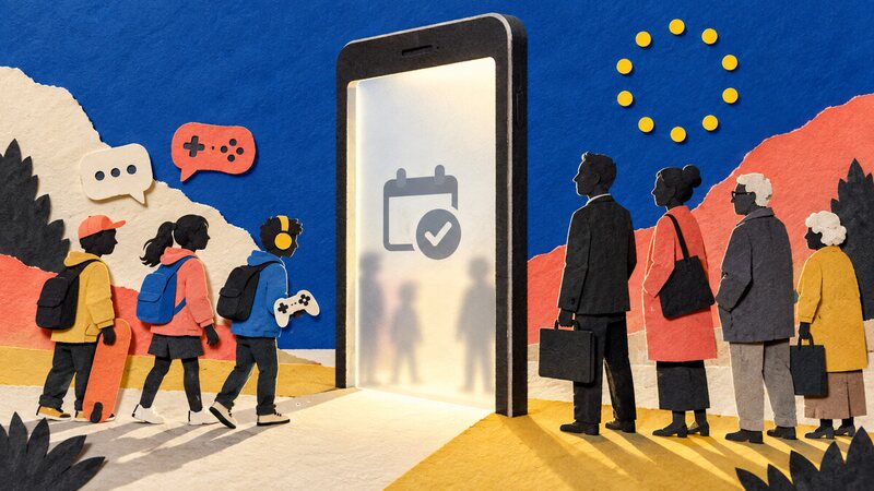Paper-cut figures of young people and adults approach a smartphone doorway displaying a simple age-check symbol.
