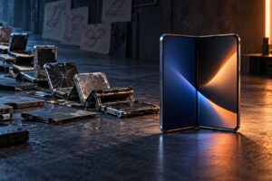 A polished unbranded folding phone emerges beyond a trail of rough experimental screens and hinges.