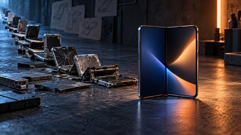 A polished unbranded folding phone emerges beyond a trail of rough experimental screens and hinges.
