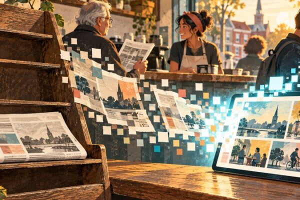 A newspaper rack and tablet are connected by pages transforming into digital pixels in a neighbourhood café.