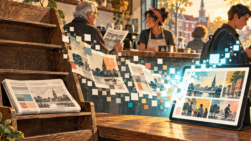 A newspaper rack and tablet are connected by pages transforming into digital pixels in a neighbourhood café.