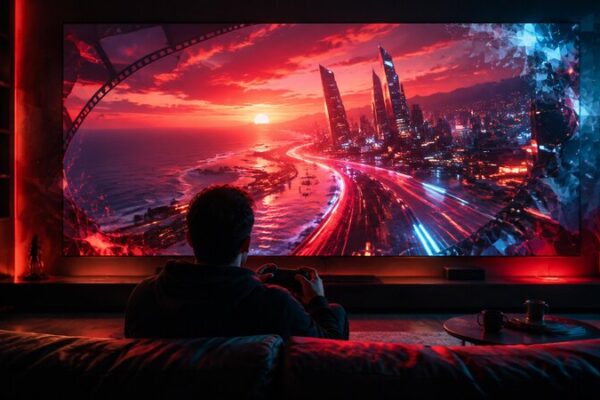 A viewer holding a game controller watches a cinematic neon coastal city on a large streaming screen.