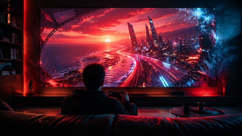 A viewer holding a game controller watches a cinematic neon coastal city on a large streaming screen.