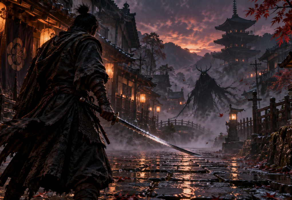 A samurai faces a supernatural figure on a lantern-lit street in feudal Japan