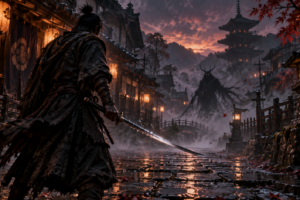 A samurai faces a supernatural figure on a lantern-lit street in feudal Japan