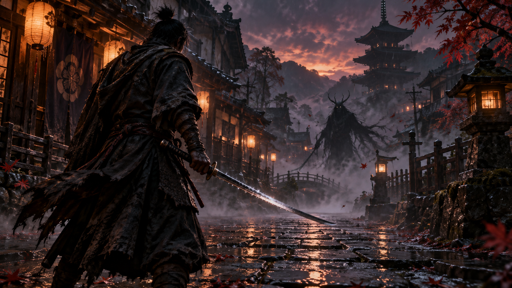 A samurai faces a supernatural figure on a lantern-lit street in feudal Japan