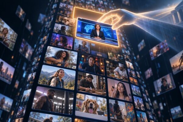 A public-broadcast video tile is guided into a glowing reserved position within a flowing social-media feed of independent creators.