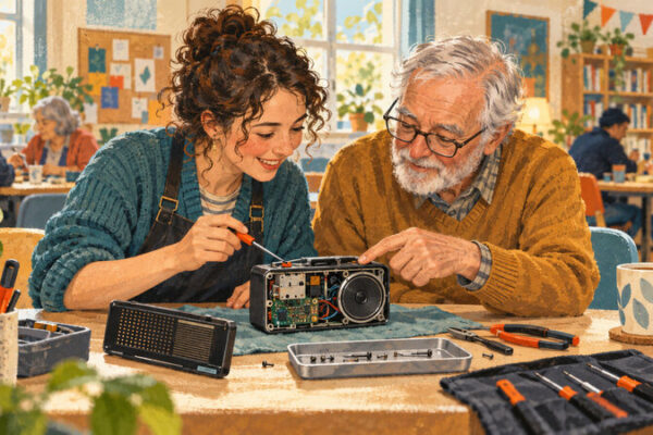 Two adults examine an opened portable radio together at a community repair table.