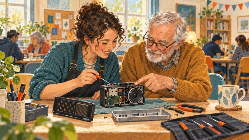 Two adults examine an opened portable radio together at a community repair table.