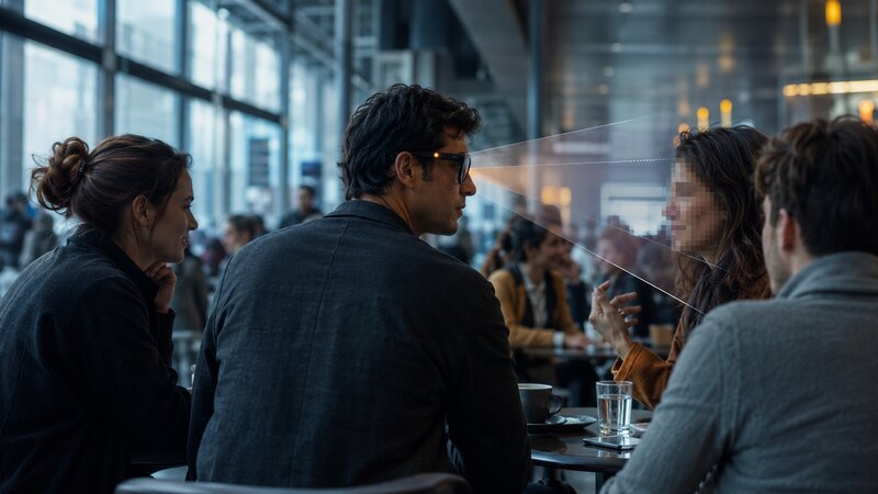 A person wearing subtle smart glasses looks toward a café companion whose face is automatically blurred inside the camera’s field of view.