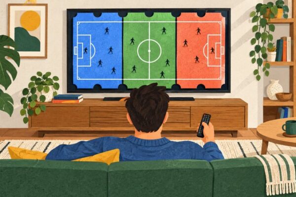 A viewer holds a remote while a television shows a football pitch divided into three ticket-shaped panels.