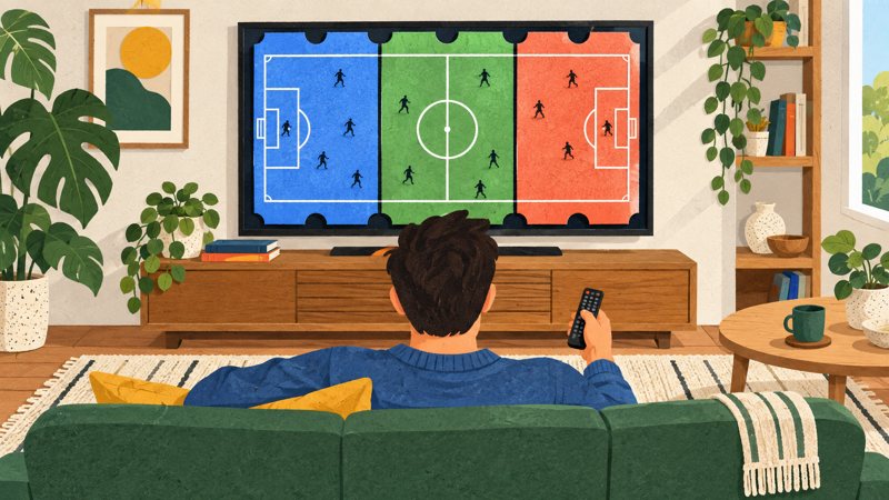 A viewer holds a remote while a television shows a football pitch divided into three ticket-shaped panels.