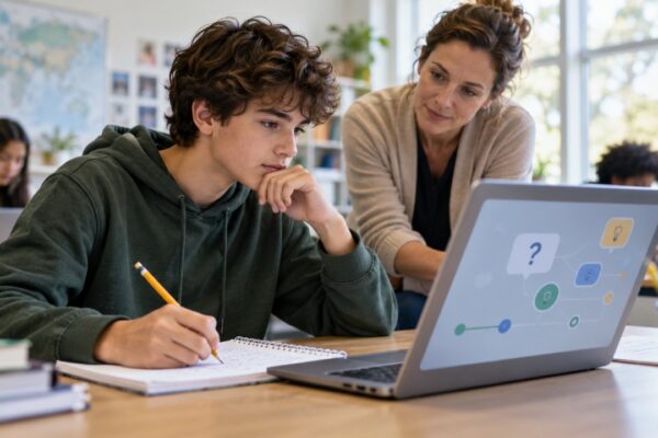 A student working through question-led AI study prompts with a teacher nearby