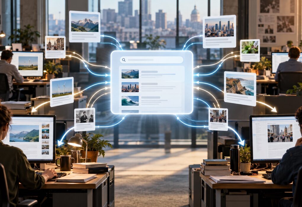 Article cards from large and small publishers connecting to an AI search interface inside a newsroom