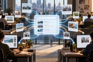 Article cards from large and small publishers connecting to an AI search interface inside a newsroom