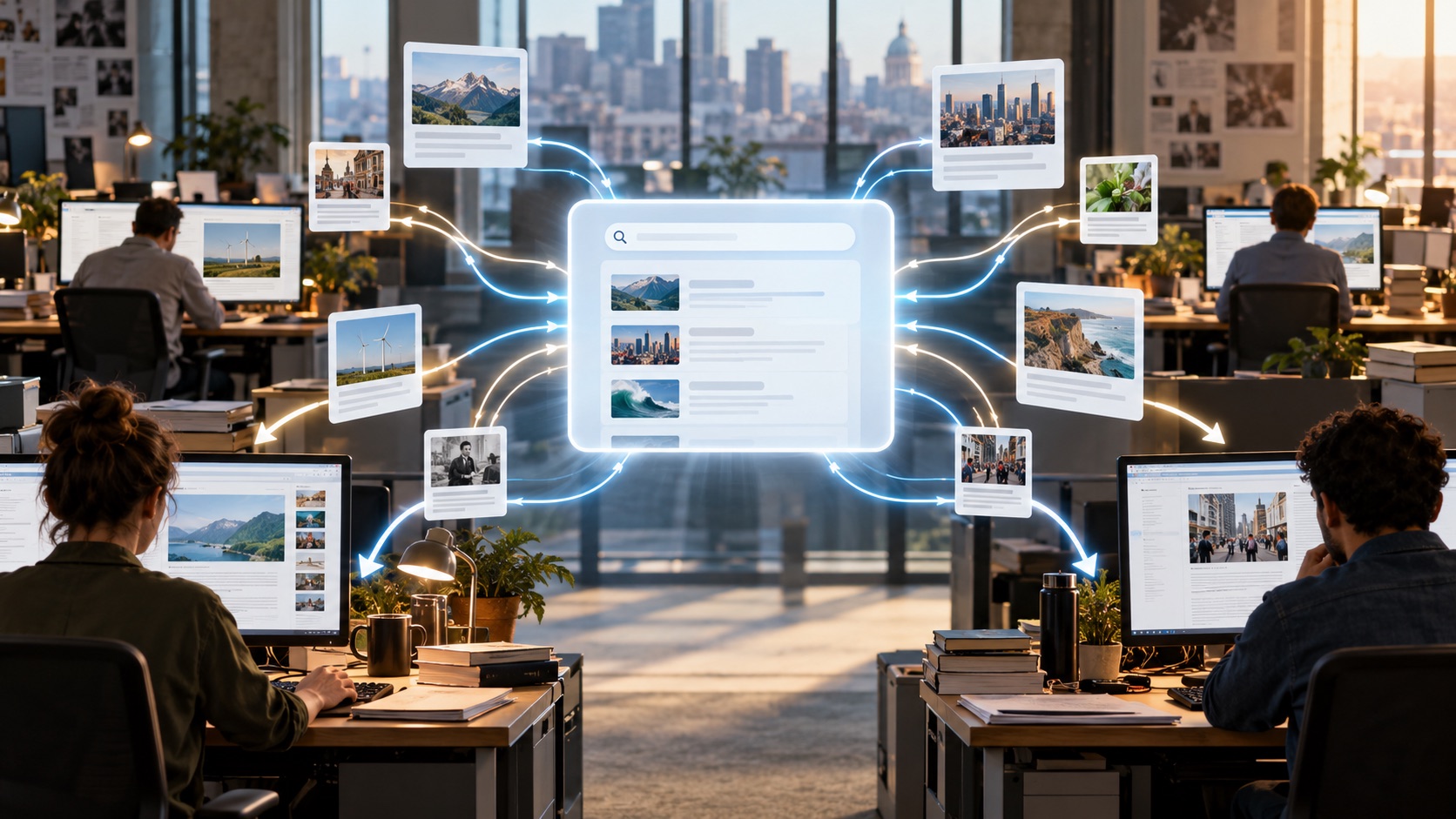 Article cards from large and small publishers connecting to an AI search interface inside a newsroom