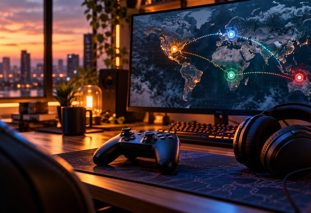 A gaming setup displaying an abstract global campaign mission map