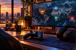A gaming setup displaying an abstract global campaign mission map
