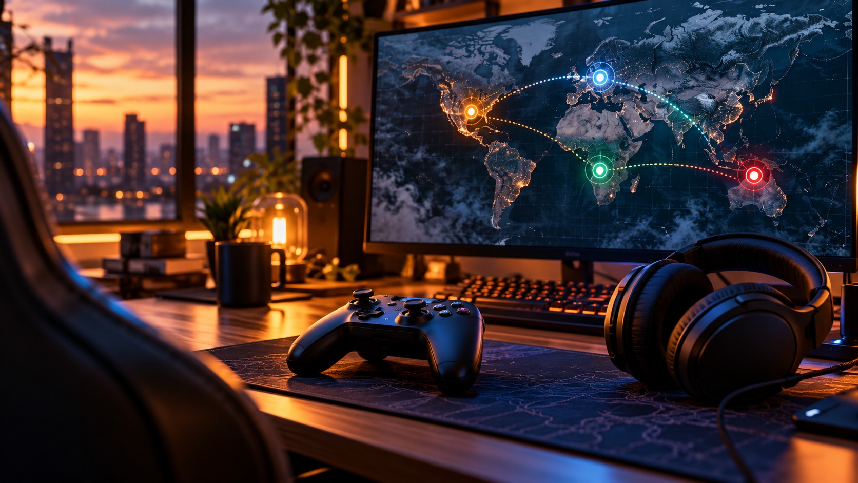 A gaming setup displaying an abstract global campaign mission map