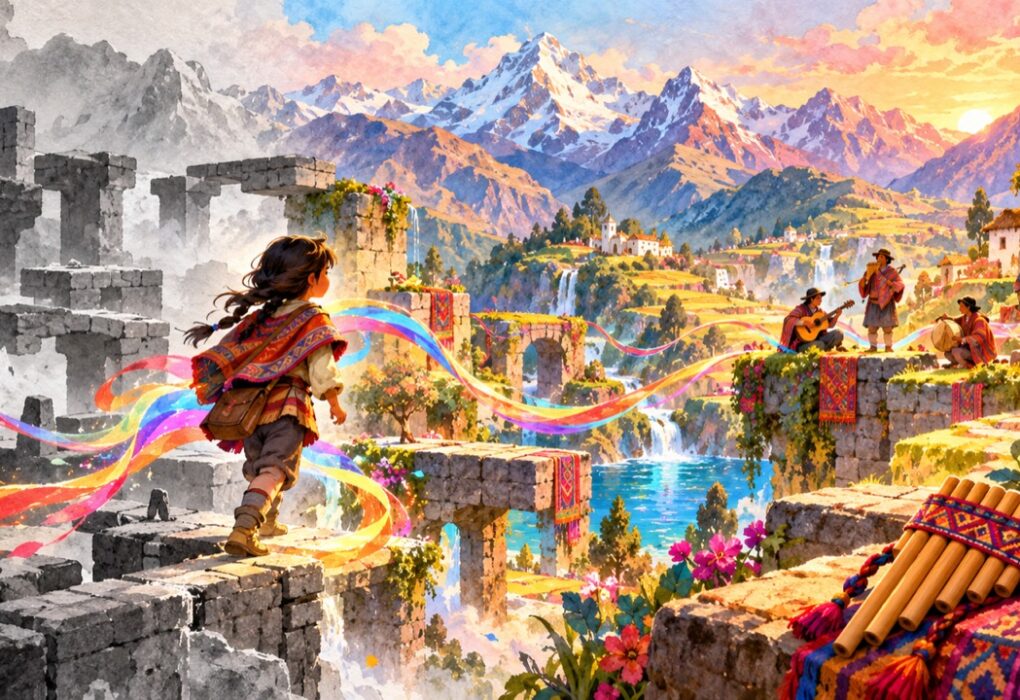 A watercolor Andean landscape changing from monochrome to color along a young traveler’s musical journey